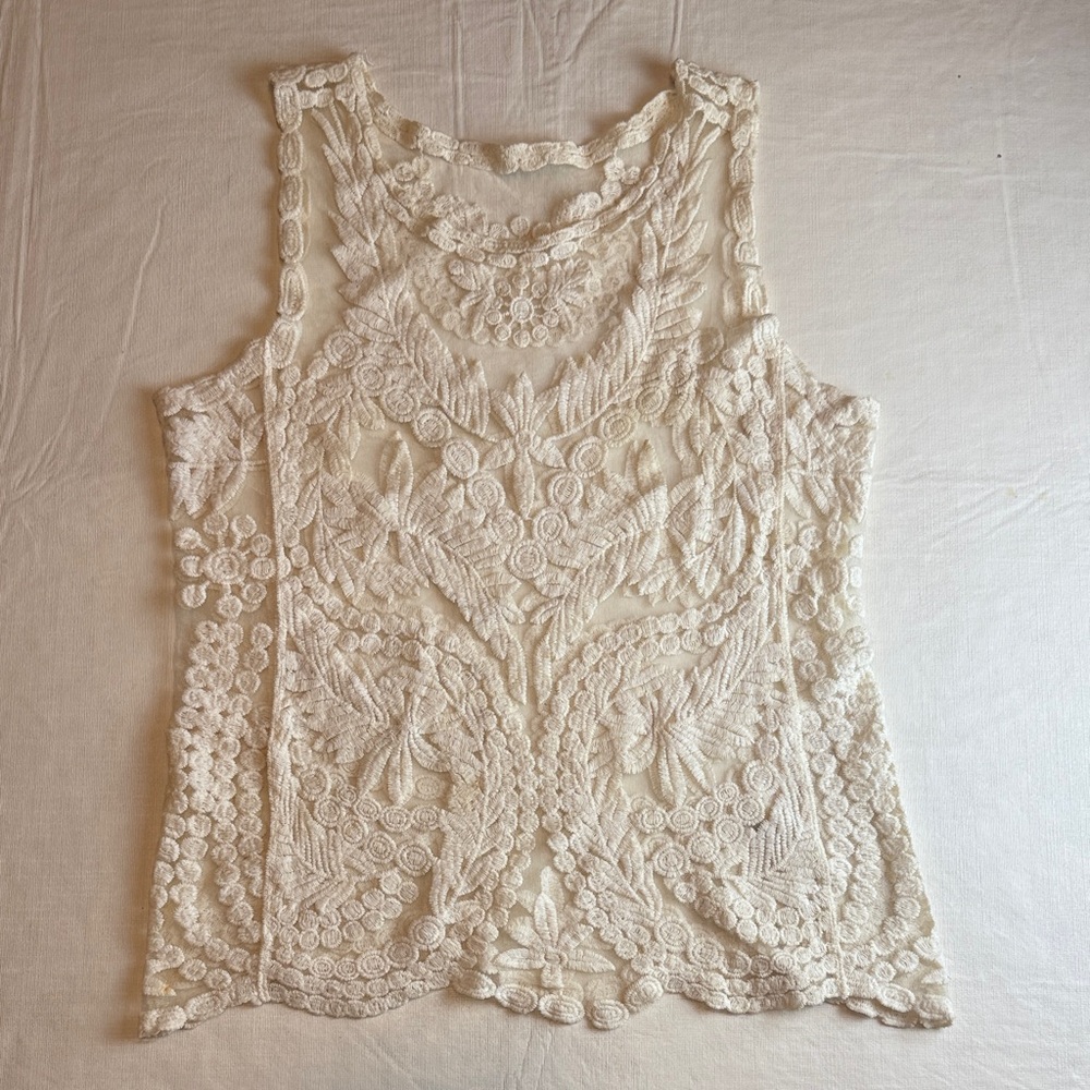 Women's Cream Sleeveless Lace Tank Top Size M
